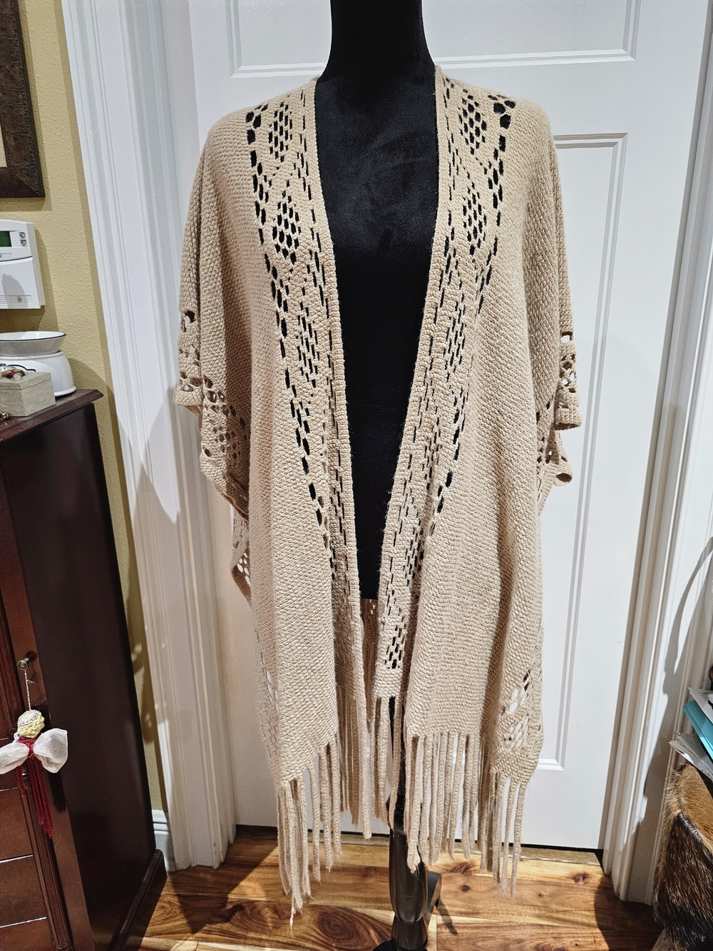 Beige Open-Knit Fringe Poncho Shrug